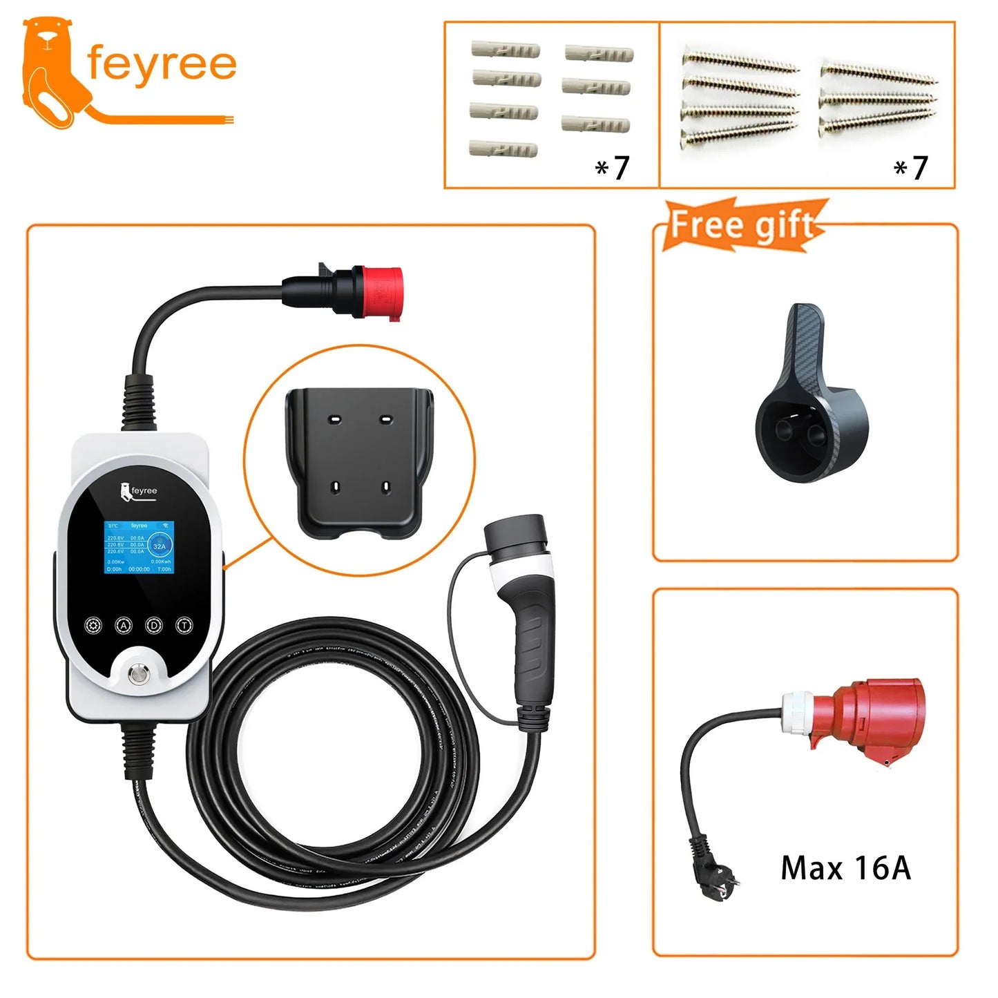feyree 22KW Type2 Cable EVSE Wallbox & Portable EV Charger 32A 3Phase Wi-Fi APP Smart Fast Charging Station for Electric Vehicle