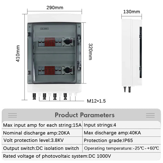 DC 1000V 4 Input 2 Output Solar Photovoltaic PV Combiner Box With Surge Lightning Protection DC Fuse MCB SPD Waterproof Box IP65