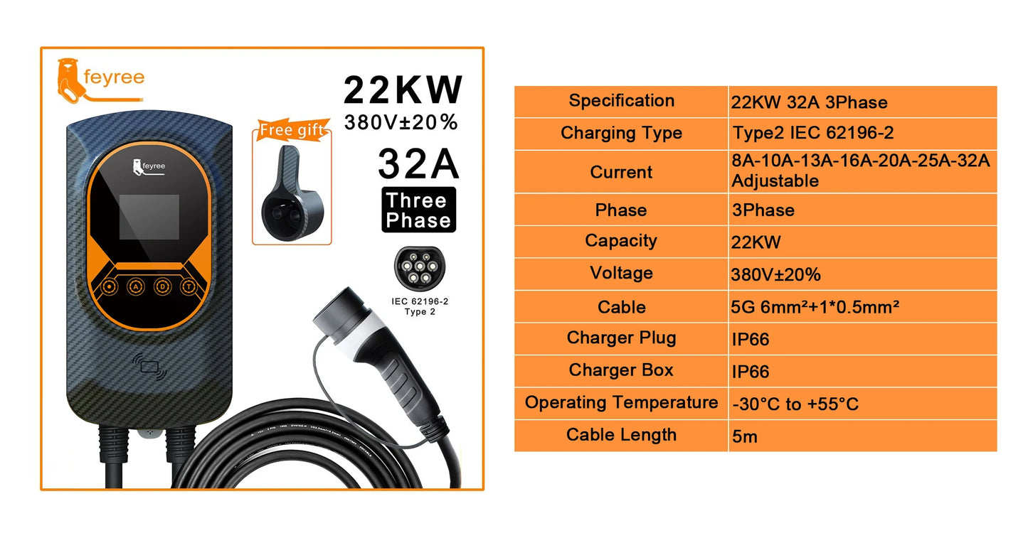 feyree EV Charger Type2 32A 7.6kW EVSE Wallbox 2.8inch Screen Current Adjustable Wallmounted Charging Station for Electric Car