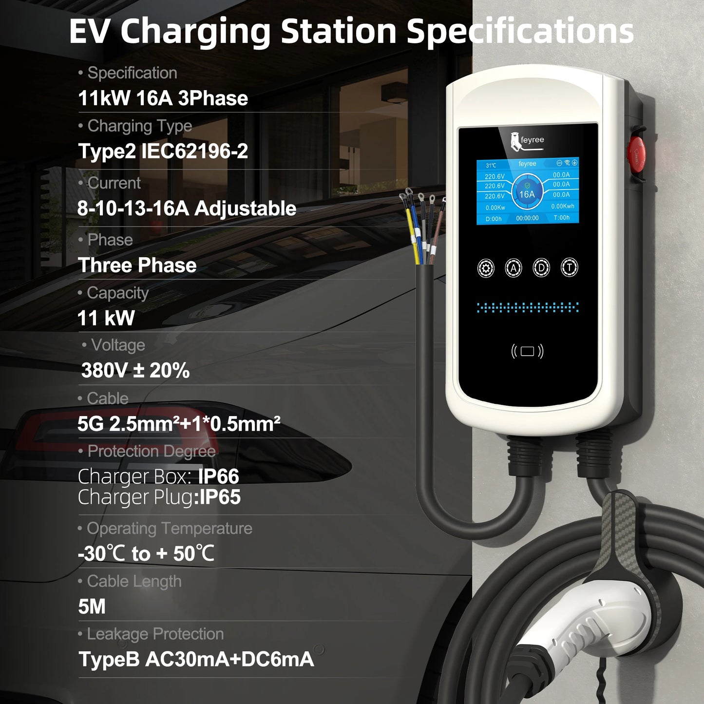 feyree Type2 32A 7kW 1P DLB EV Charger 4.3inch Screen Dynamic Load Balancing 11kW 22kW 3P EVSE Wallbox Station with Charging LOG