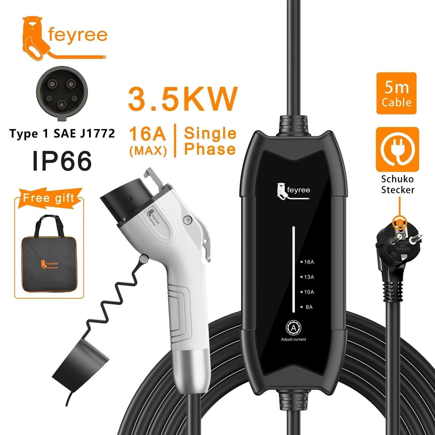 feyree Type2 3.5KW 16A 1Phase EV Charger Portable Charging Box Current Adjustable 5m Cable Charging Station for Electric Vehicle