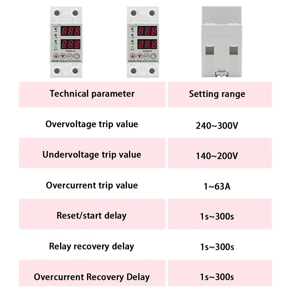 40A 63A 230V Din Rail Adjustable Over Voltage And Under Voltage Protective Device Protector Relay Over Current Protection Limit by 54Grid - Renewable Energy Store