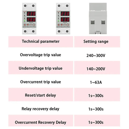 40A 63A 230V Din Rail Adjustable Over Voltage And Under Voltage Protective Device Protector Relay Over Current Protection Limit by 54Grid - Renewable Energy Store