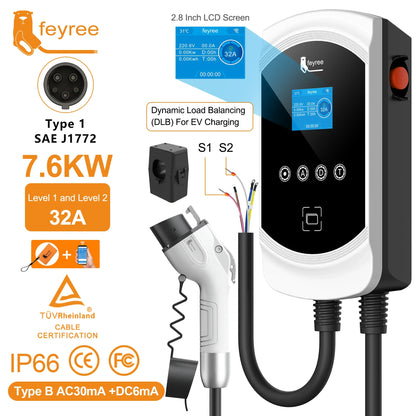 feyree DLB Function EV Charger Type1 EVSE Wallbox 32A 7.6KW 40A 9.6KW 50A 12KW 1P j1772 Adapter APP Control for Electric Vehicle by 54Grid - Renewable Energy Store