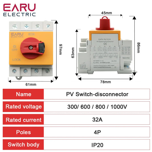Din Rail Solar PV DC 4P 32A 1000V Rotating Handle Isolator Rotary Switch Disconnector For Solar distribution box by 54Grid - Renewable Energy Store