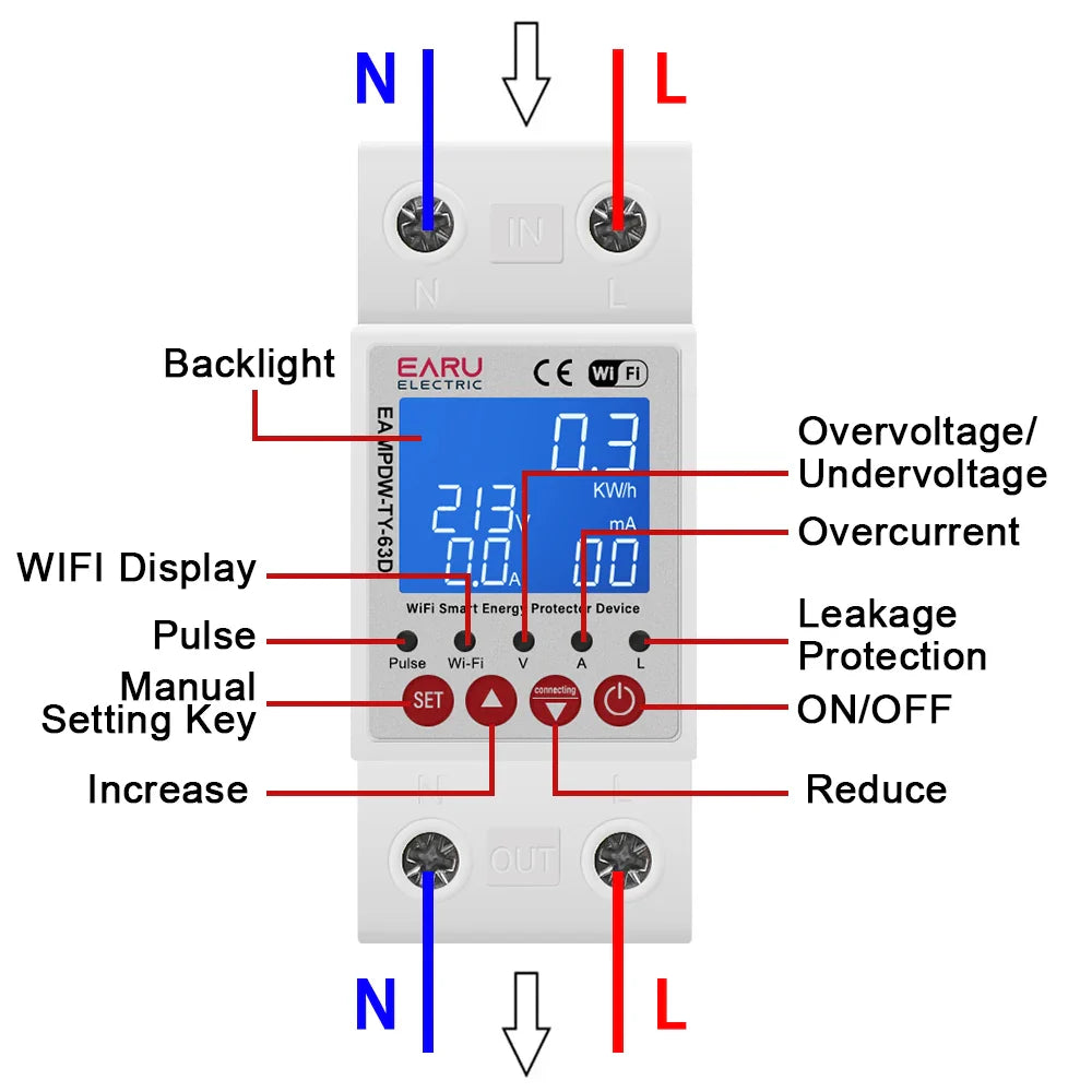 Tuya WiFi Smart Bidirectional Energy Meter Power kWh Meter Earth Leakage Over Under Voltage Protector Timer Relay Switch Breaker