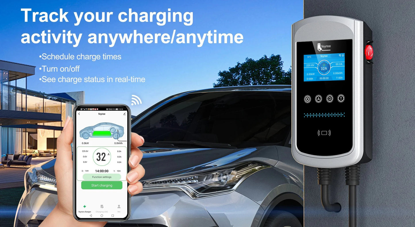 feyree Type2 32A 7kW 1P DLB EV Charger 4.3inch Screen Dynamic Load Balancing 11kW 22kW 3P EVSE Wallbox Station with Charging LOG