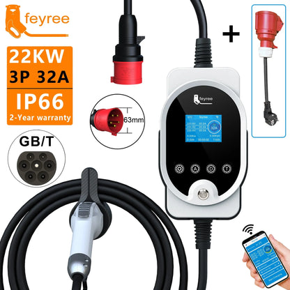 feyree 22KW 32A 3Phase GB/T Portable EV Charger Fast Charger Charging Station Smart Wi-Fi APP Control for Electric Car Charger