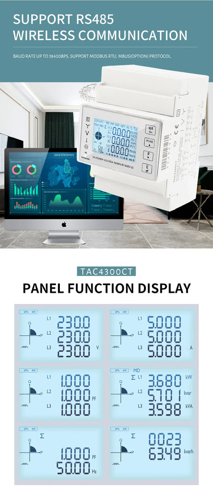 Din Rail 3 Phase Energy Monitor Consumption Power Meter kwh Ammeter With 3PCS RS485 Modbus 50/100/15/200CT 230VAC by 54Grid - Renewable Energy Store