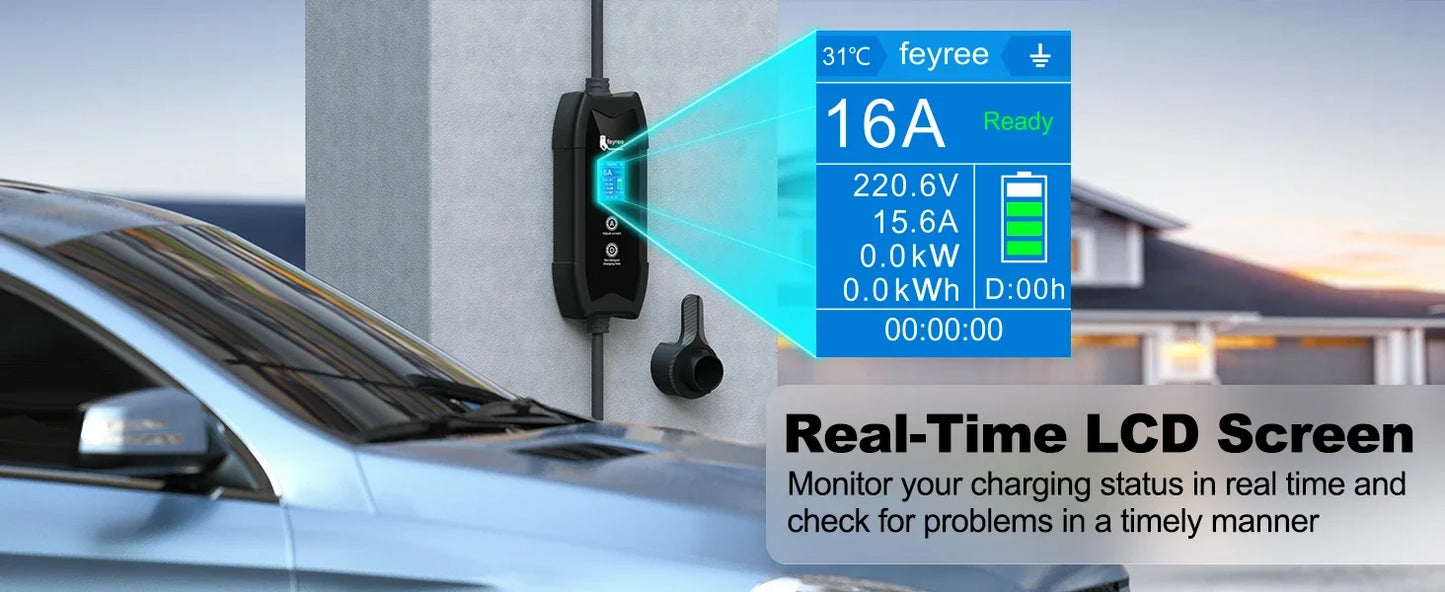 feyree Type2 3.5KW 16A Adjust Current EV Charger Portable Charging Box Set Current&Delay Time with Schuko Plug for Electric Ca