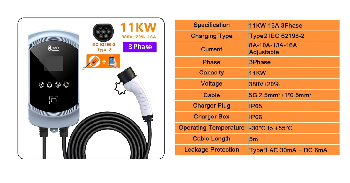 feyree EV Charger 32A 22KW 3Phase 11KW 16A Electric Car Charger EVSE Wallbox 7.6KW 32A Type2 Cable IEC62196-2 Socket APP Control