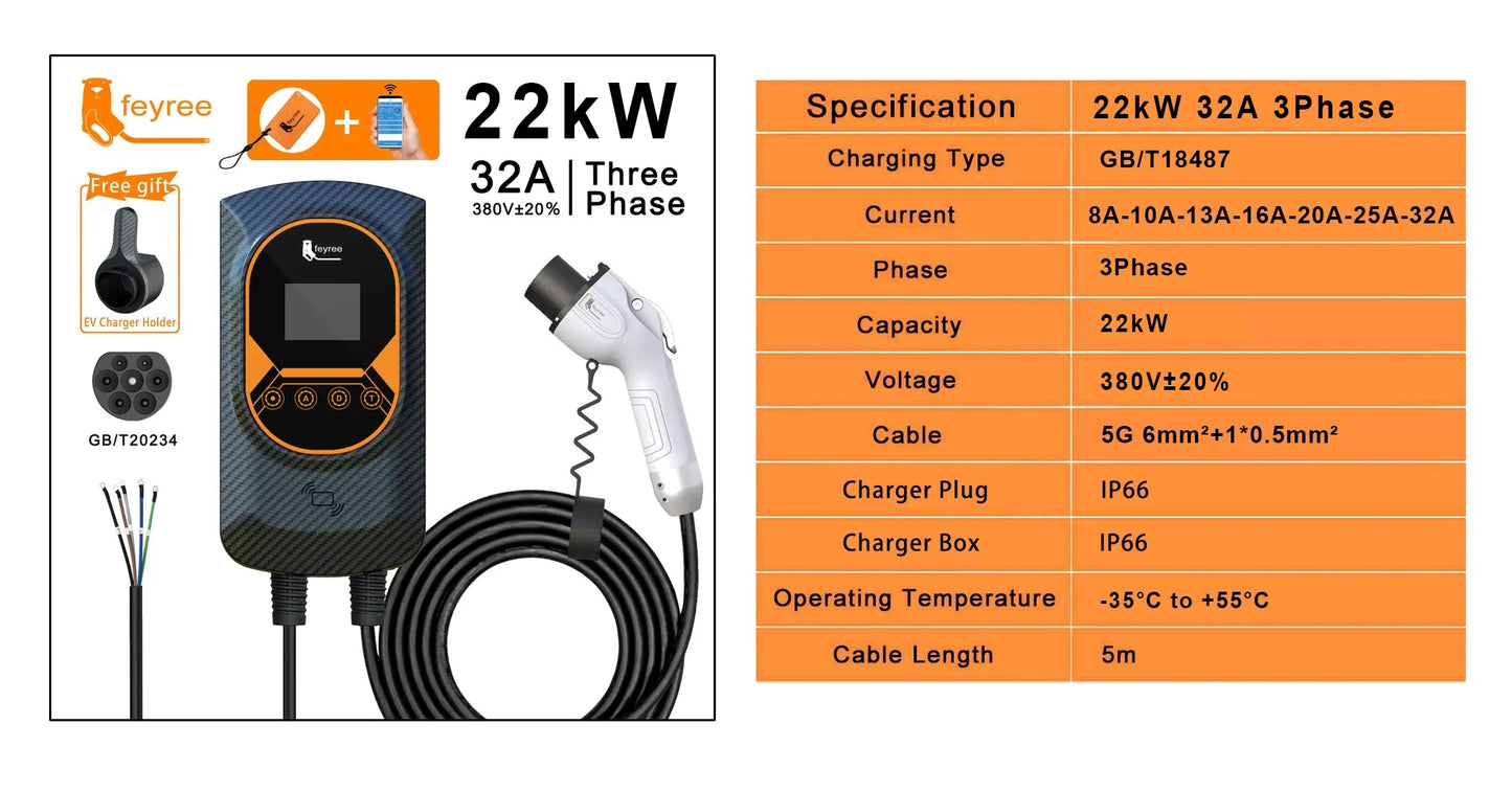 feyree EV Charger GB/T Socket EVSE Wallbox 32A 22KW 3Phase 16A 11KW Electric Vehicle APP Control Charging Station 7.6KW 5m Cable