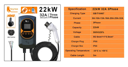 feyree EV Charger GB/T Socket EVSE Wallbox 32A 22KW 3Phase 16A 11KW Electric Vehicle APP Control Charging Station 7.6KW 5m Cable