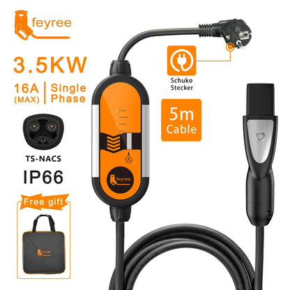 feyree Type2 16A 3.5KW Portable EV Charger EVSE Charging Cable 5m with Schuko Plug Current Adjustable for Electric Car Charger