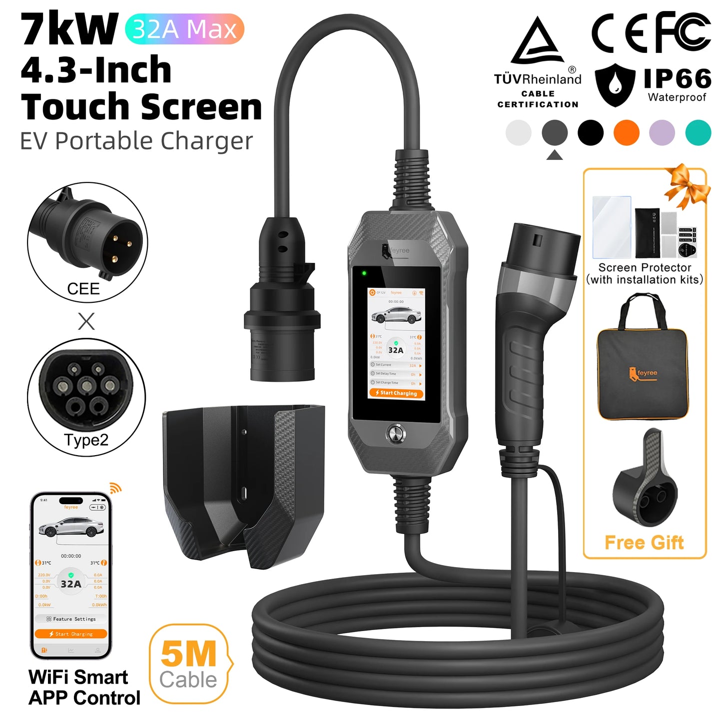 feyree 4.3 Inch Touch Screen Portable 7kW EV Charger Type2 Charging Plug with Smart Wifi APP AC Home Charger Professional Design
