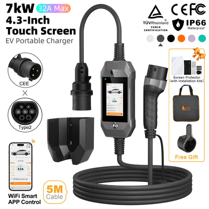 feyree 4.3 Inch Touch Screen Portable 7kW EV Charger Type2 Charging Plug with Smart Wifi APP AC Home Charger Professional Design