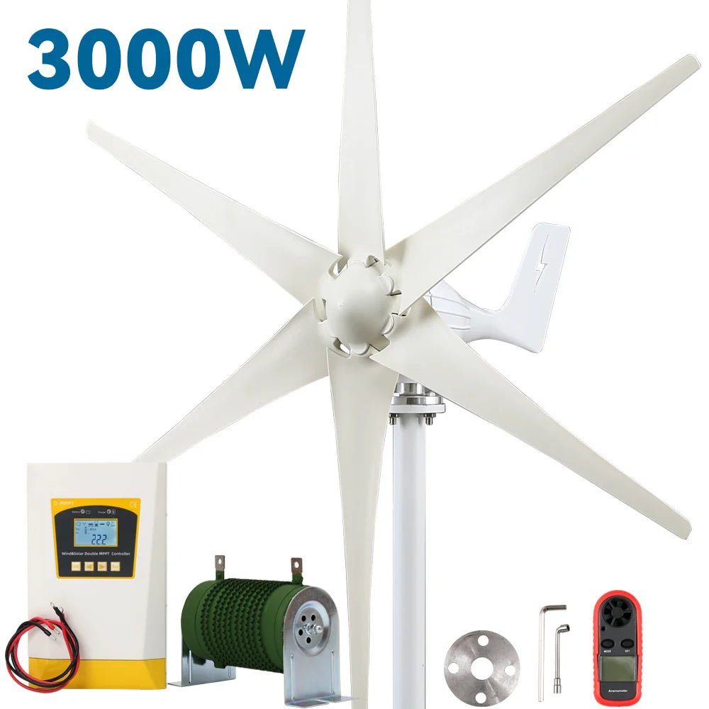 3kw Small Wind Mill Turbine Power Generator Complete Kit 12v 24v 48v 3 Blades Dynamo With MPPT Charge Controller RV Yacht Farm - 54Grid - Renewable Energy Store
