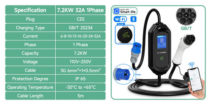 AFYEEV GB/T Portable EV Charger Electric Vehicle Charger EVSE Charging Cable WiFi Bluetooth APP Control 3.6KW/7.2KW/11KW/22KW