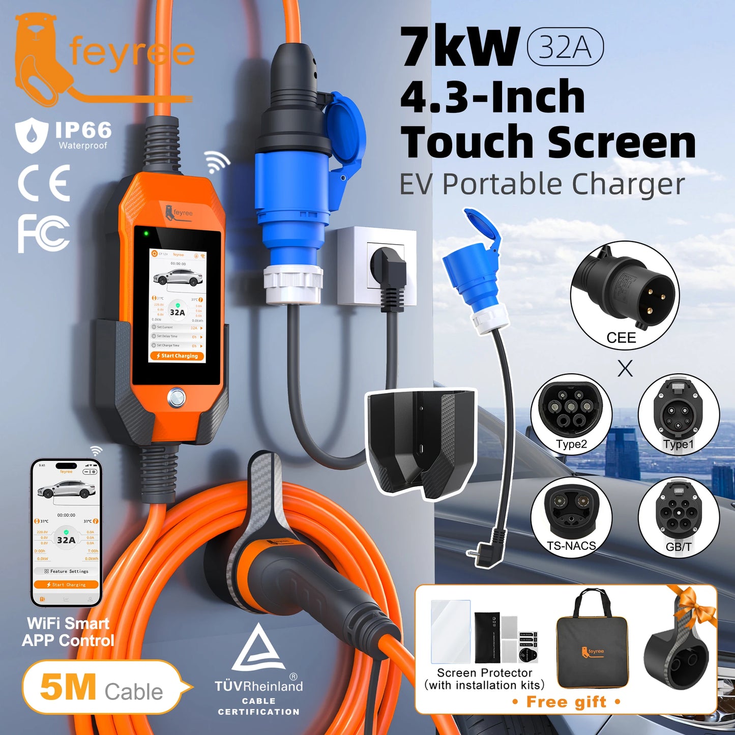 feyree Touch Screen Portable EV Charger Type2 / Type1 / GBT / TS-NACS Socket EV Charger 32A 7KW 1 Phase Smart APP Wi-Fi Control