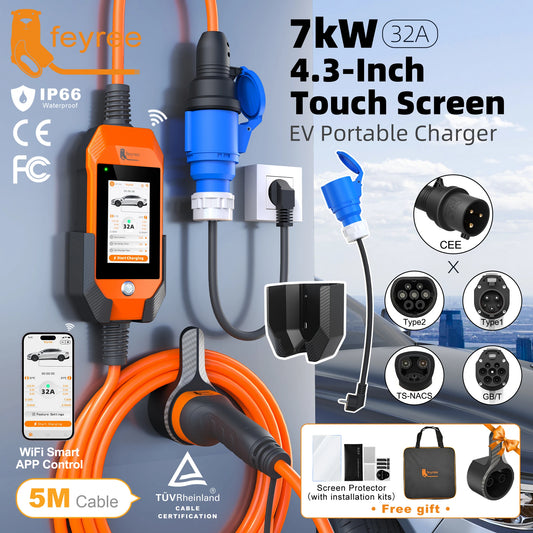 feyree Touch Screen Portable EV Charger Type2 / Type1 / GBT / TS-NACS Socket EV Charger 32A 7KW 1 Phase Smart APP Wi-Fi Control