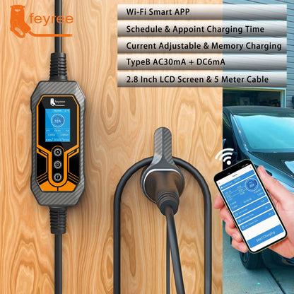 feyree Portable EV Charger Type2 32A 7KW Wi-Fi APP Control Current Adjustable Smart Timing Charging EVSE Wallbox Home&Outdoor