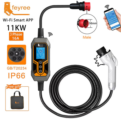 feyree GB/T Portable EV Charger 32A 7KW 1Phase APP Bluetooth Version EVSE 11KW 16A 3Phase Cable 5m CEE Plug for Electric Vehicle