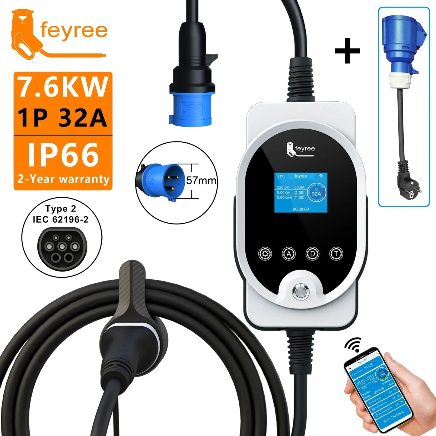 feyree EVSE Wallbox Type2 EV Charger 7KW 32A 1P Fast Charging APP Wi-Fi Control Setting Current & Charging Time for Electric Car