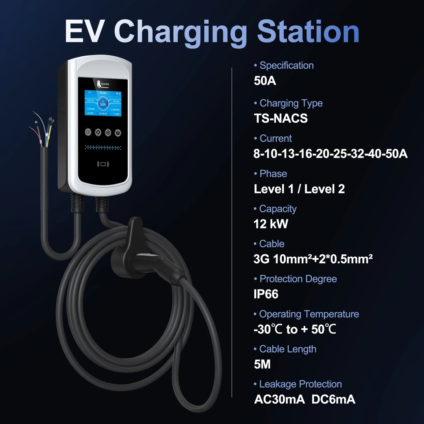 feyree Dynamic Load Balancing EV Charging Station 32A 7kW TS-NACS Charger Plug Car Charger EVSE Wallbox 9.6kW 12kW APP Control