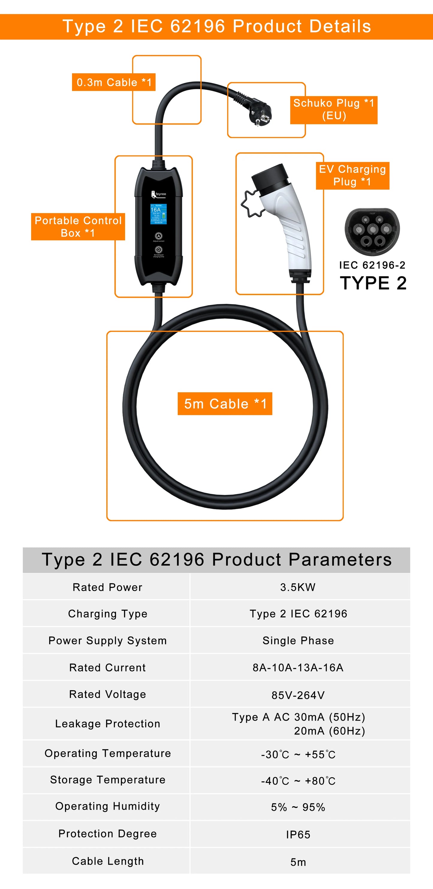 feyree EV Charger Type2 3.5KW 16A Portable Charging Box Set Current and Set Delay Time 5M Cable for Electric Vehicle Car Charger