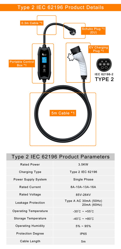 feyree Type2 3.5KW 16A Adjust Current EV Charger Portable Charging Box Set Current&Delay Time with Schuko Plug for Electric Ca