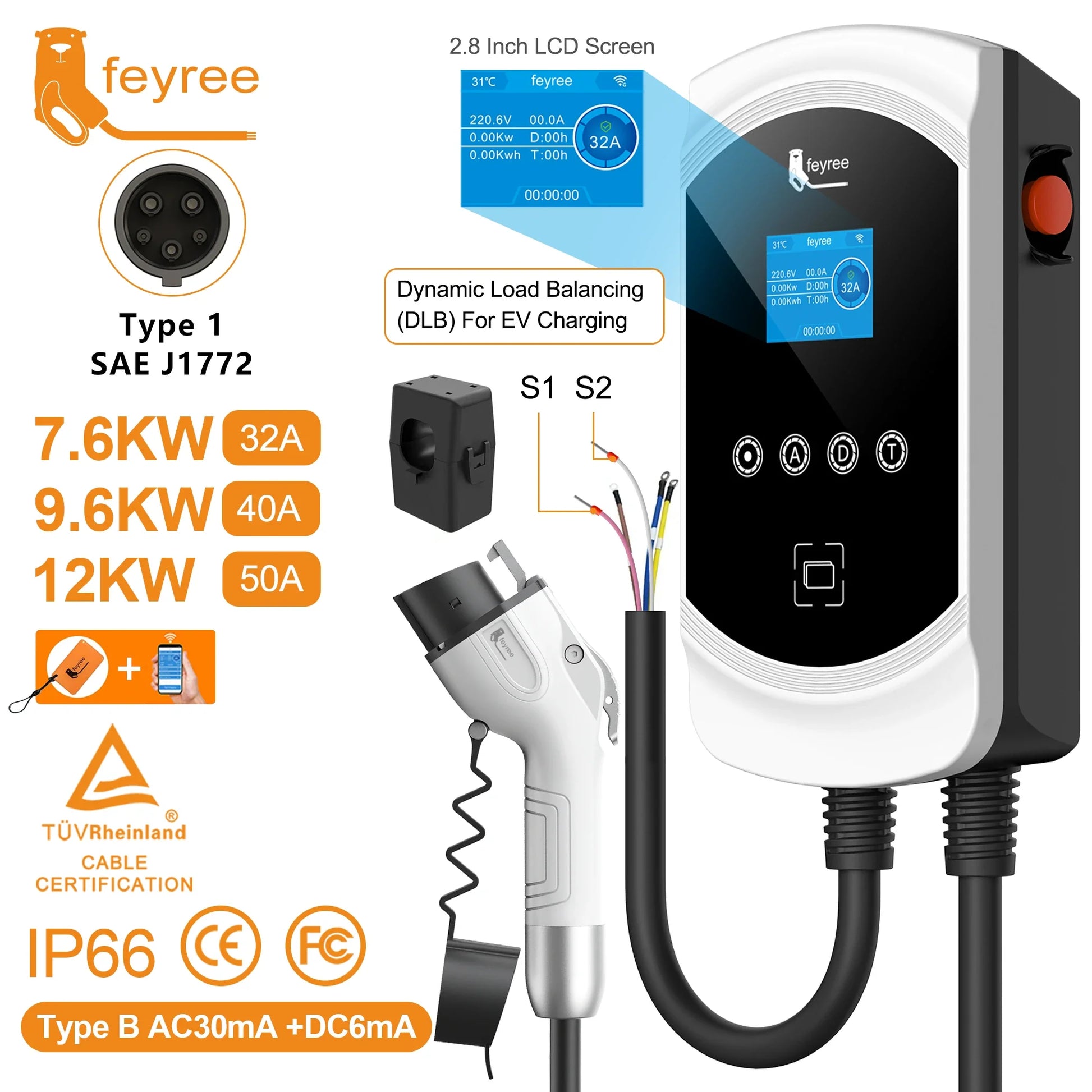 feyree DLB Function EV Charger Type1 EVSE Wallbox 32A 7.6KW 40A 9.6KW 50A 12KW 1P j1772 Adapter APP Control for Electric Vehicle by 54Grid - Renewable Energy Store