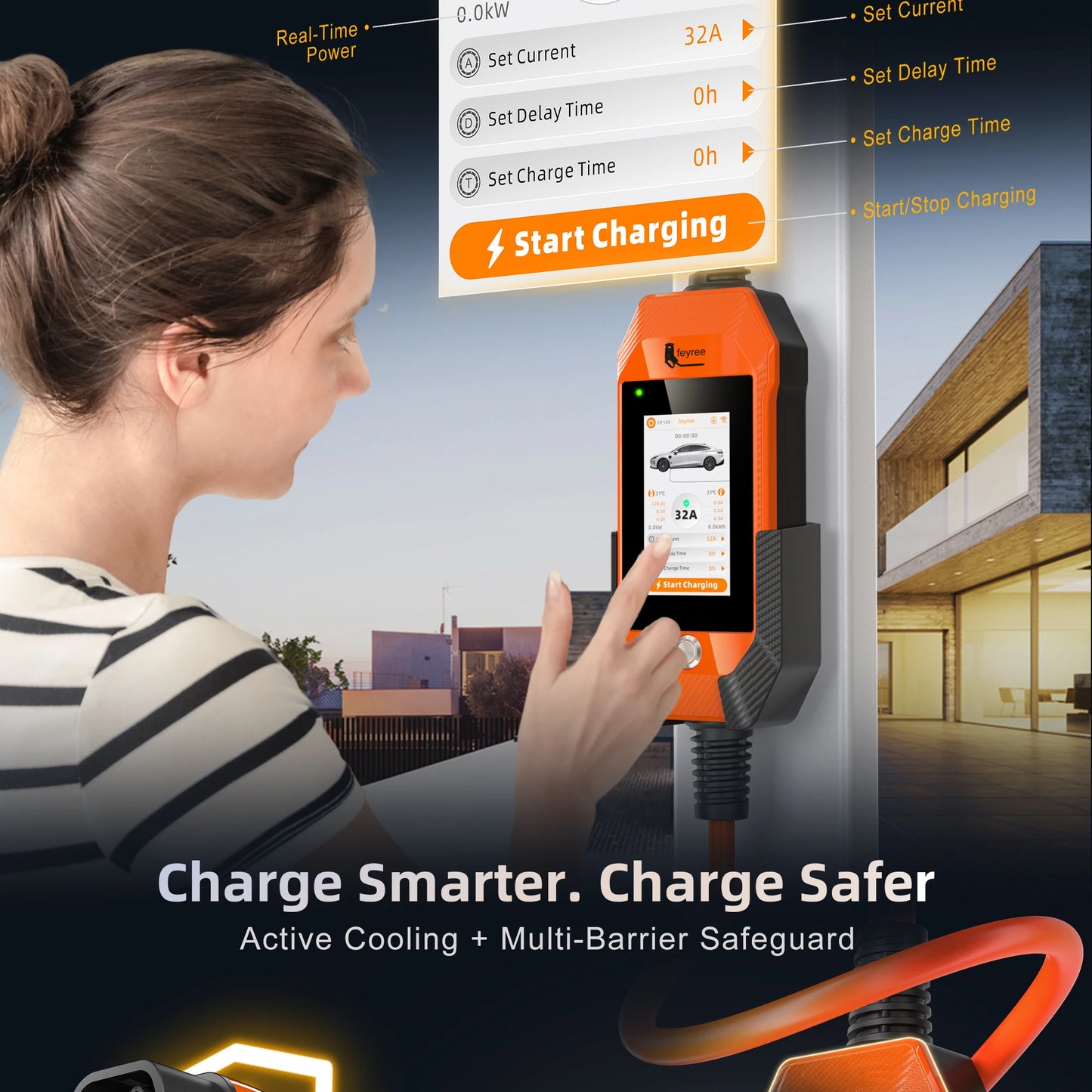 feyree EV Charger 32A 7kW 1P 4.3inch Touch Screen Type2 /Type1 /GBT /TS-NACS Portable Charger Smart APP WiFi Control for EV Cars