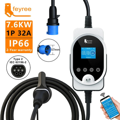feyree Type2 EV Charger EVSE Wallbox 22KW 11KW 3P Smart APP Wi-Fi Control  7KW 32A 1P Setting Current & Charging Time for EV Car
