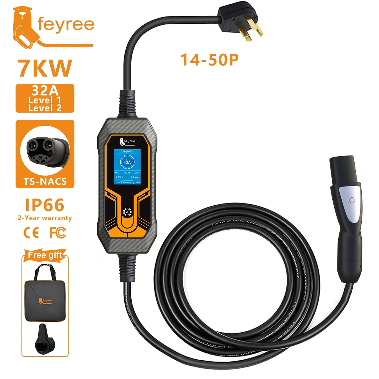 feyree Portable EV Charger Wallbox Tesla 7KW 32A 1Phase Level 2 with 5m Cable Current Adjustable for all Tesla Models 3/Y/S/X by 54Grid - Renewable Energy Store