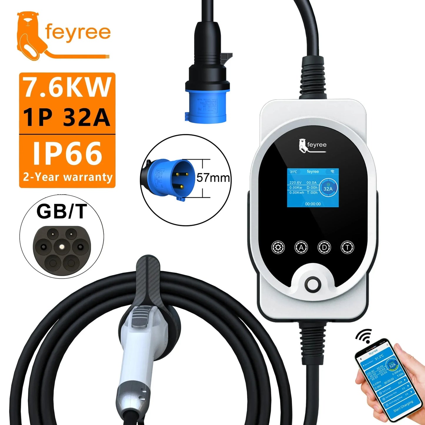 feyree EV Charger GB/T Socket 7KW 32A EVSE Wallbox APP Bluetooth Version Set Charging Time & Delay Time for Electric Vehicle Car