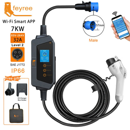 feyree Type1 7KW 32A 1Phase Portable EV Charger J1772 Socket with 5m Cable Smart APP WIFI Control Version for Electric Vehicle