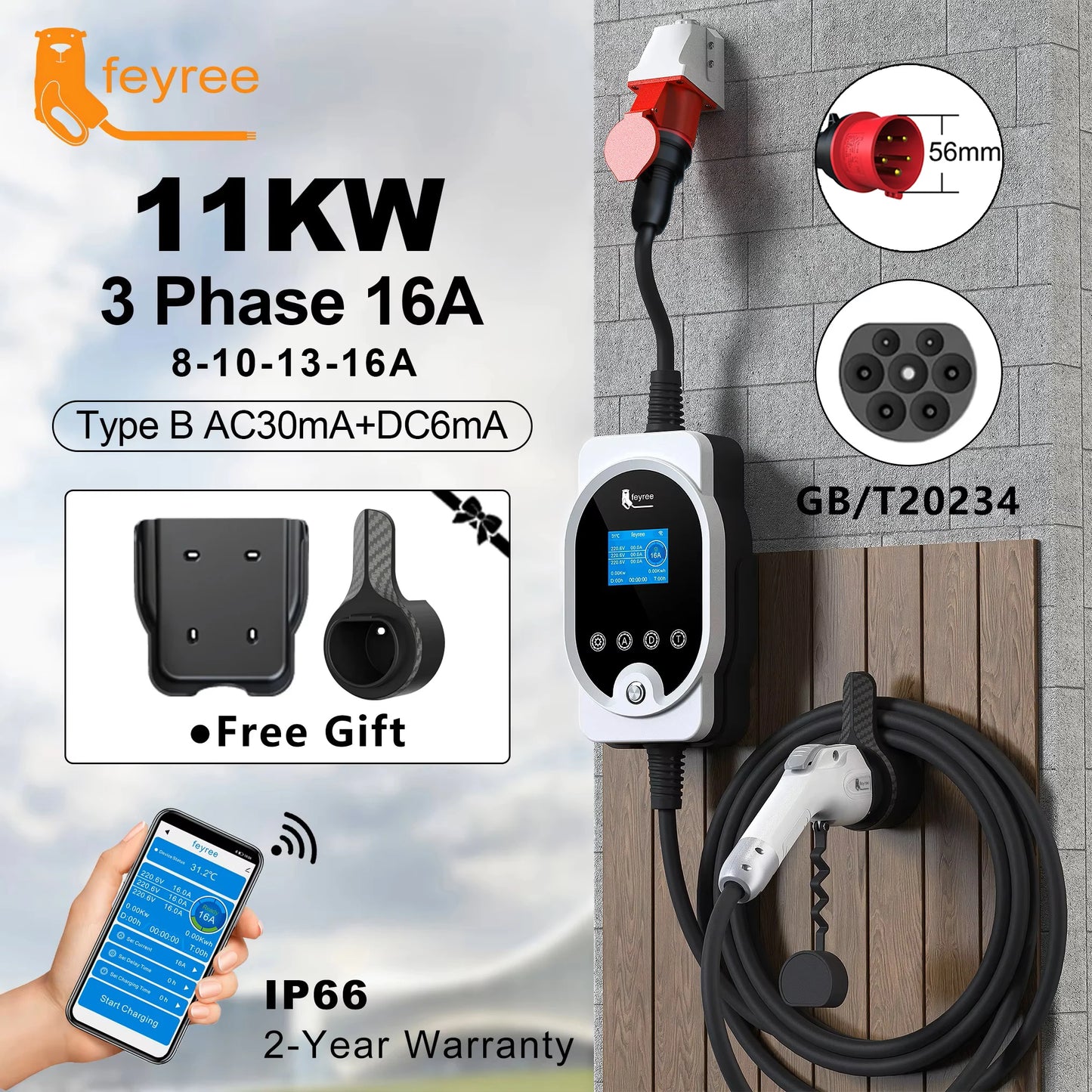 feyree GB/T EV Charger 11KW 16A 3Phase EVSE Wallbox APP WIFI Control EV Charging Station 5m Cable CEE Plug for Electric Vehicle