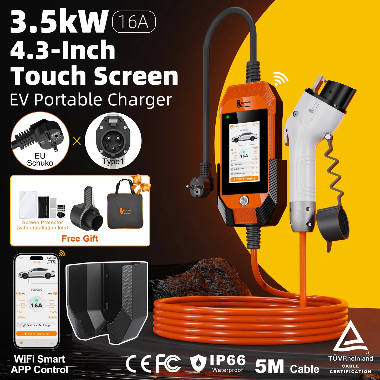feyree 4.3inch Touch Screen Portable EV Charger Type2 / Type1 / GBT / TS-NACS EV Charger 16A 3.5kW 1Phase Smart APP WiFi Control