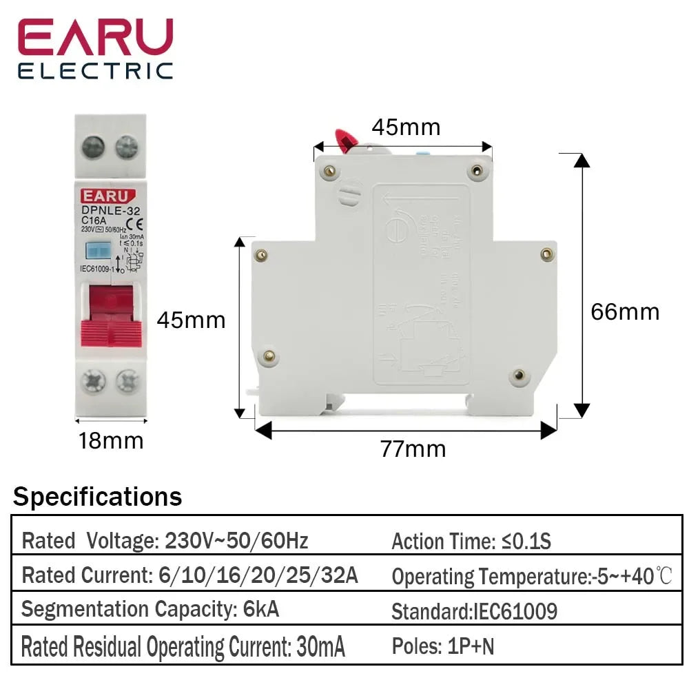 18MM RCBO Type AC Residual Automatic Circuit Breaker 6KA 1P+N 2P 16A 20A 230V With Over Current Leakage Protection 30mA EKL9-40 by 54Grid - Renewable Energy Store