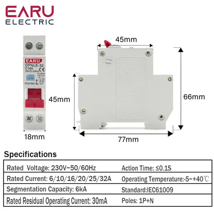 18MM RCBO Type AC Residual Automatic Circuit Breaker 6KA 1P+N 2P 16A 20A 230V With Over Current Leakage Protection 30mA EKL9-40 by 54Grid - Renewable Energy Store