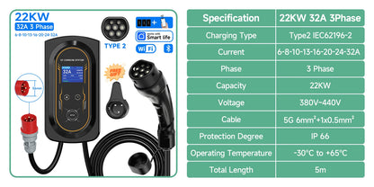 AFYEEV EV Charger 32A 7.6KW Electric Vehicle Car Charger EVSE Wallbox 11KW 22KW 3Phase Type2 Cable IEC62196-2 Socket APP Control
