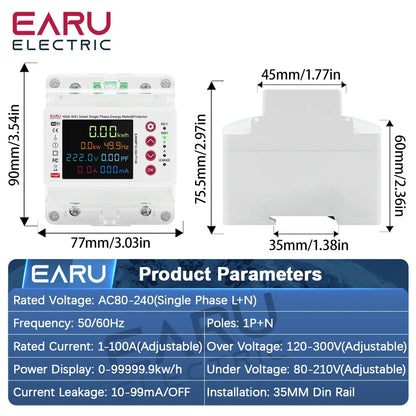 Tuya WiFi Smart Bidirectional Energy Meter Power kWh Meter Earth Leakage Over Under Voltage Protector Timer Relay Switch Current