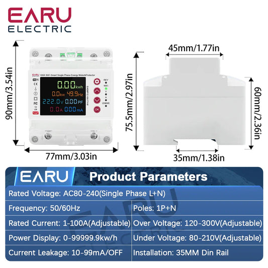 Tuya WiFi Smart Bidirectional Energy Meter Power kWh Meter Earth Leakage Over Under Voltage Protector Timer Relay Switch Current
