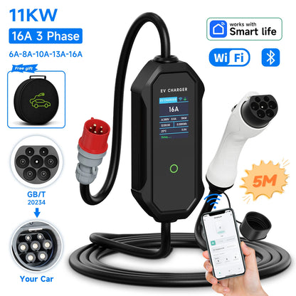 GB/T Portable EV Charger 3.6KW 7.2KW 11KW 22KW WiFi Bluetooth APP Control Adjustable Current IP65 Waterproof with 5m Cable and 2.8" LCD Display