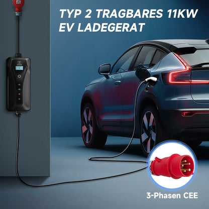 11KW 16A Portable Charger Type 2 Adjustable Current Reservation Time Charging Box CEE Plug IEC62196-2 Electric Vehicle Charger