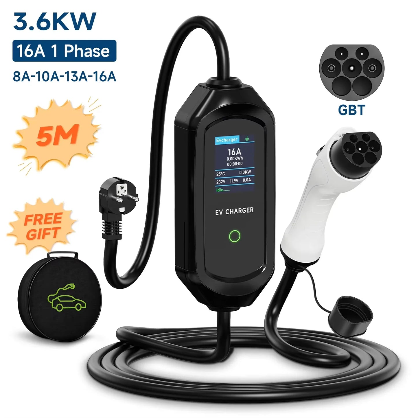 AFYEEV Portable Type2 IEC62196-2 EV Charger 16A GB/T EVSE Charging Cable Type1 SAE J1772 EU Plug Controller Wallbox for Car