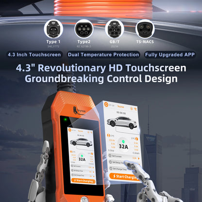 feyree Touch Screen Portable EV Charger Type2 / Type1 / GBT / TS-NACS Socket EV Charger 32A 7KW 1 Phase Smart APP Wi-Fi Control