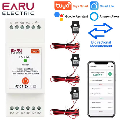 Tuya Smart WiFi Three Phase 80A AC90-480V Bi-Directional Measurement Power Energy kWh Meter Monitor 3Pcs CT Clamps Switch Relay