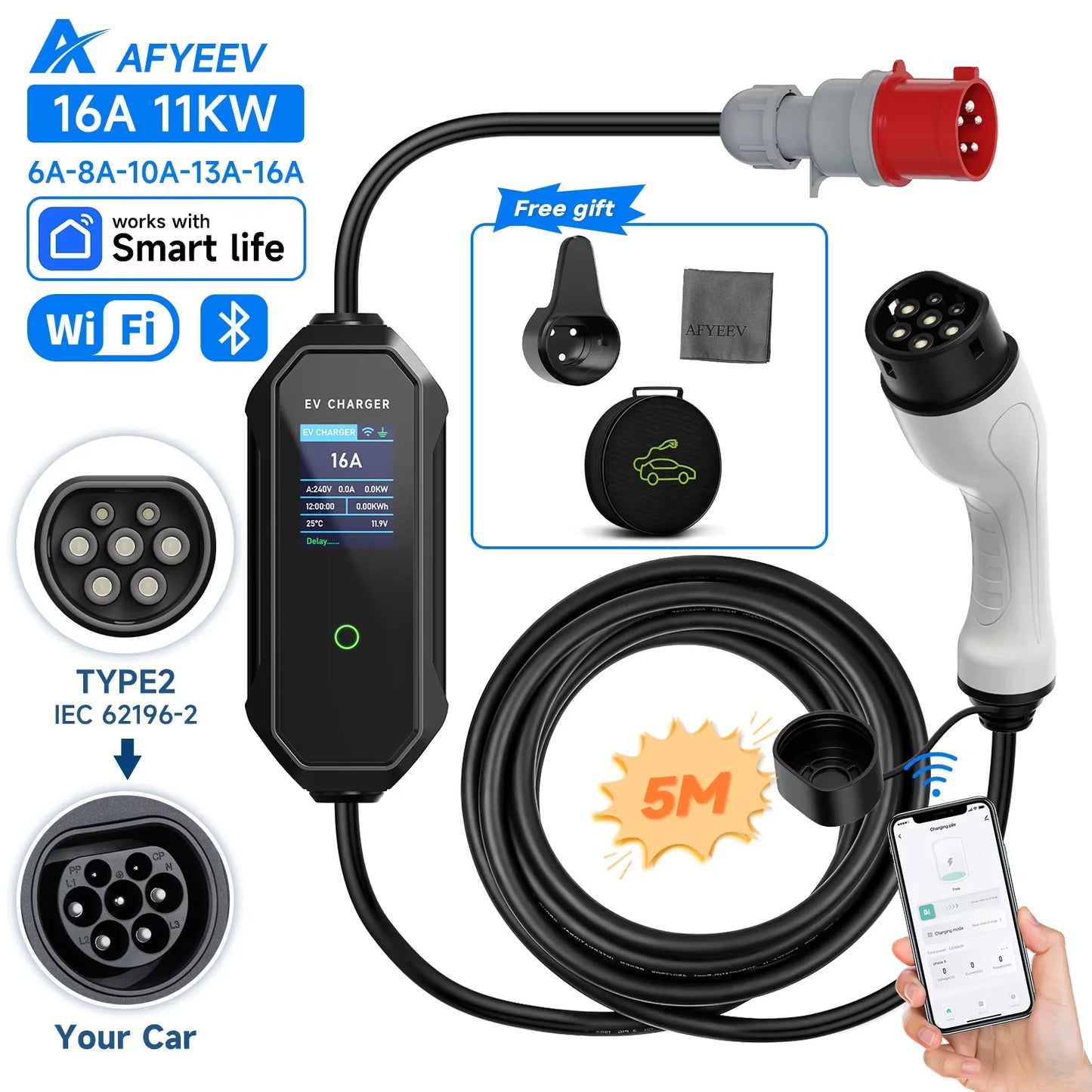 AFYEEV Type2 Portable EV Charger 11KW 16A 3P GBT Car Charger Wi-Fi APP Control EVSE Charging Box CEE Plug for Electric Vehicle