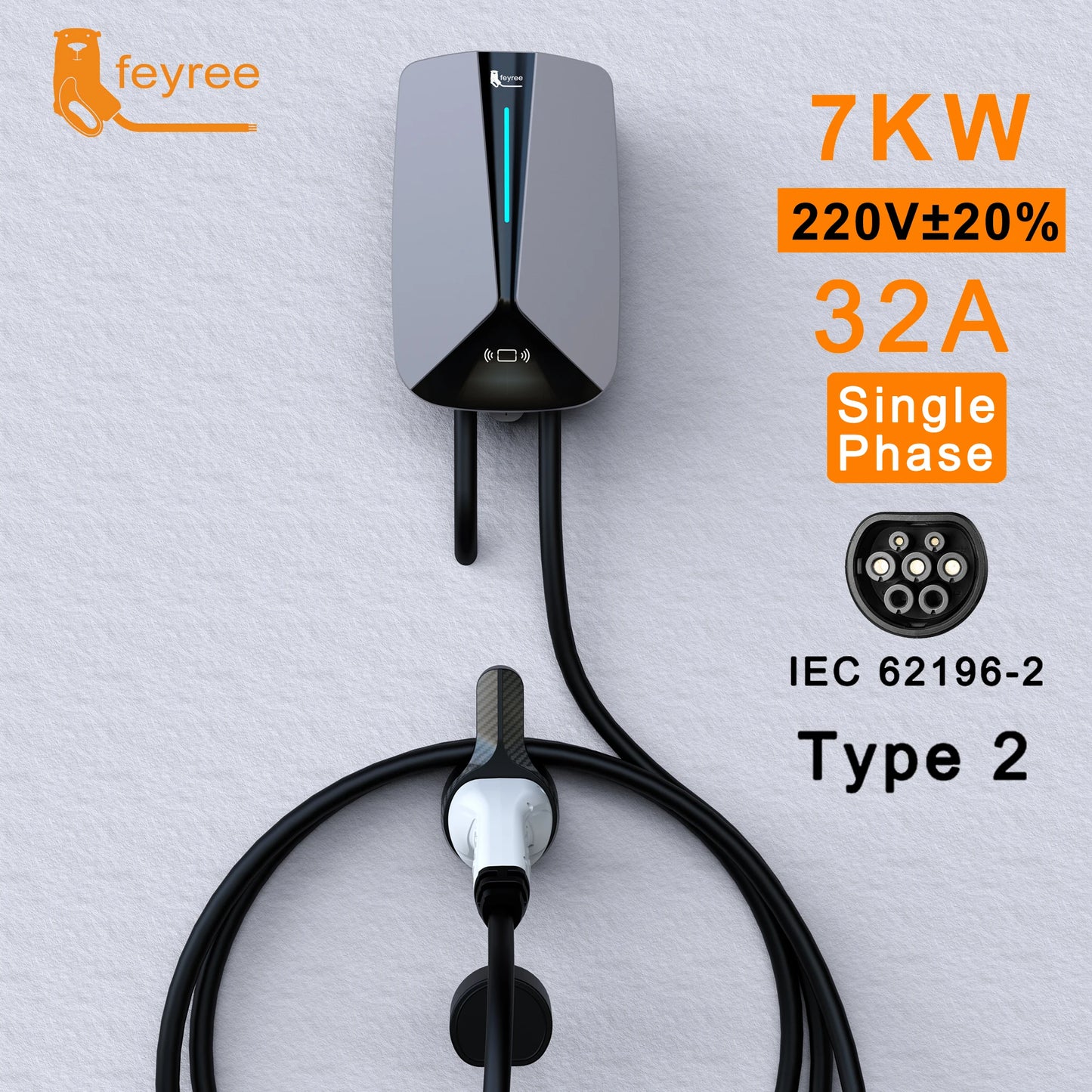 feyree Type2 32A 7.6KW 1Phase EV Charger  EVSE Wallbox RFID Cards Version 5m Cable Charging Station for Electric Vehicle Car